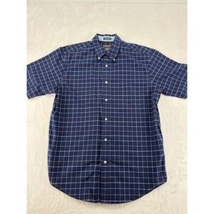 St. Johns Bay Shirt Mens Medium Button Down Navy Plaid Short Sleeve Iron Free
